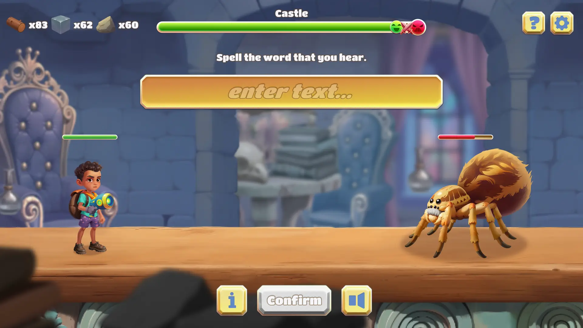 spelling game castle level battle gameplay screen