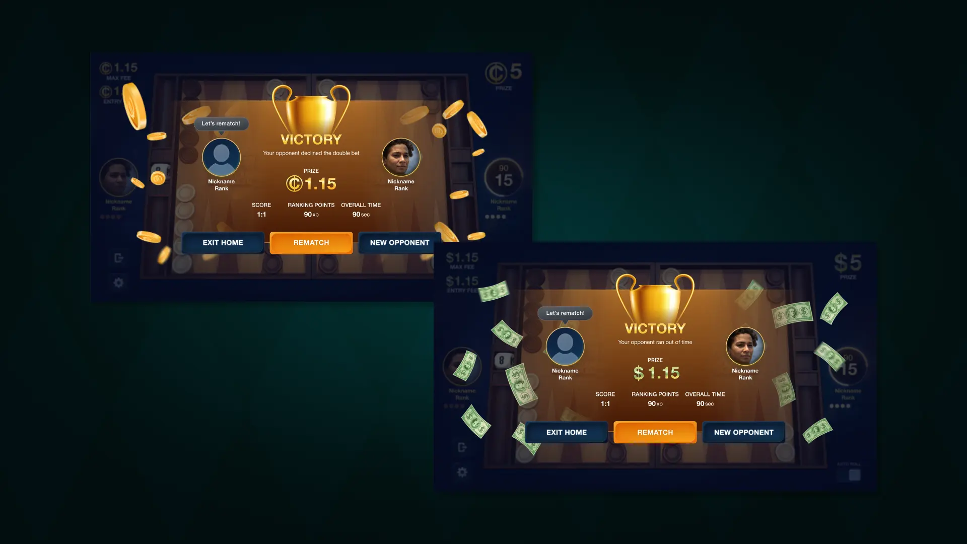 backgammon cash victory screen reward results interface