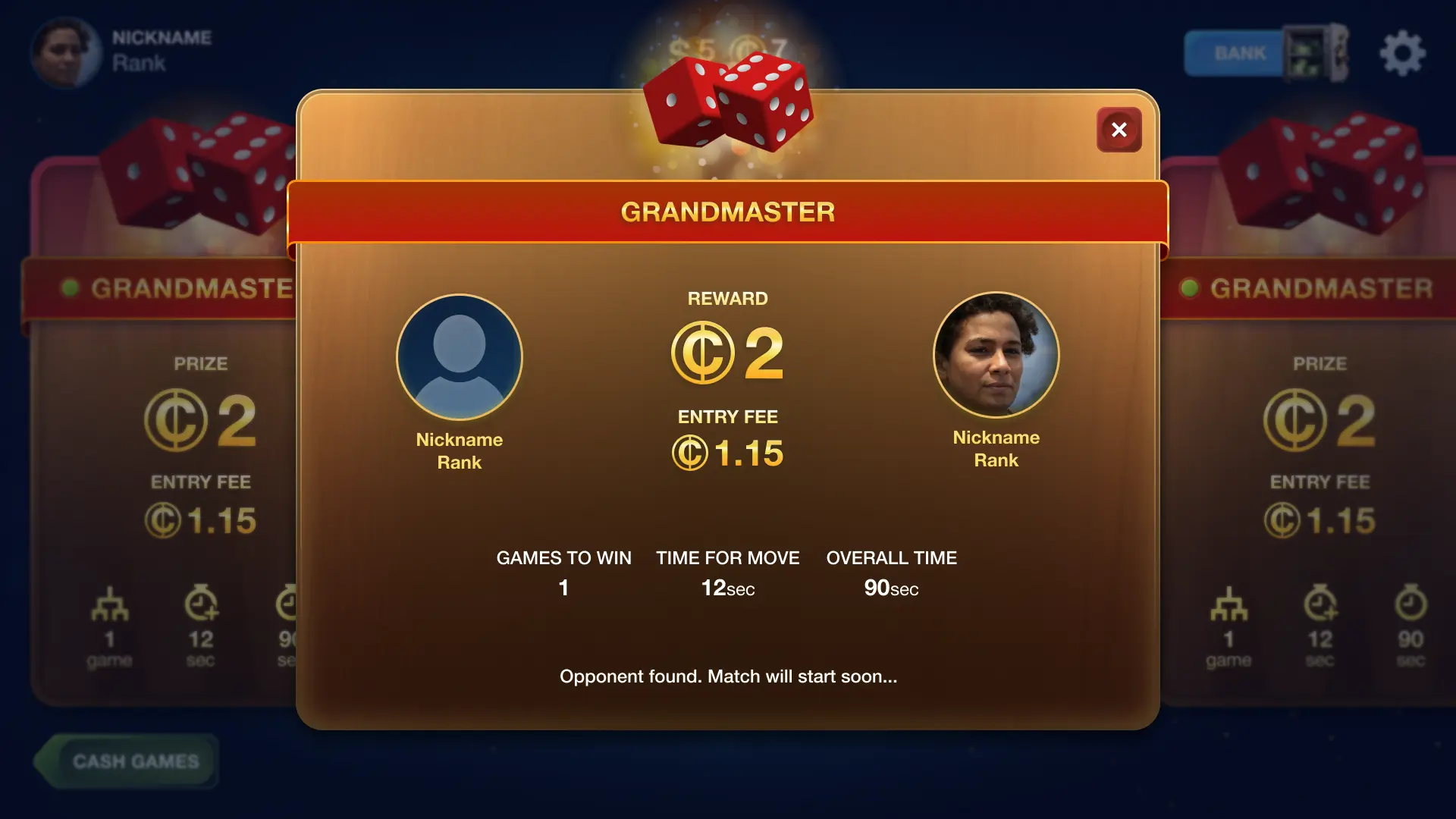 backgammon cash opponent found match setup screen