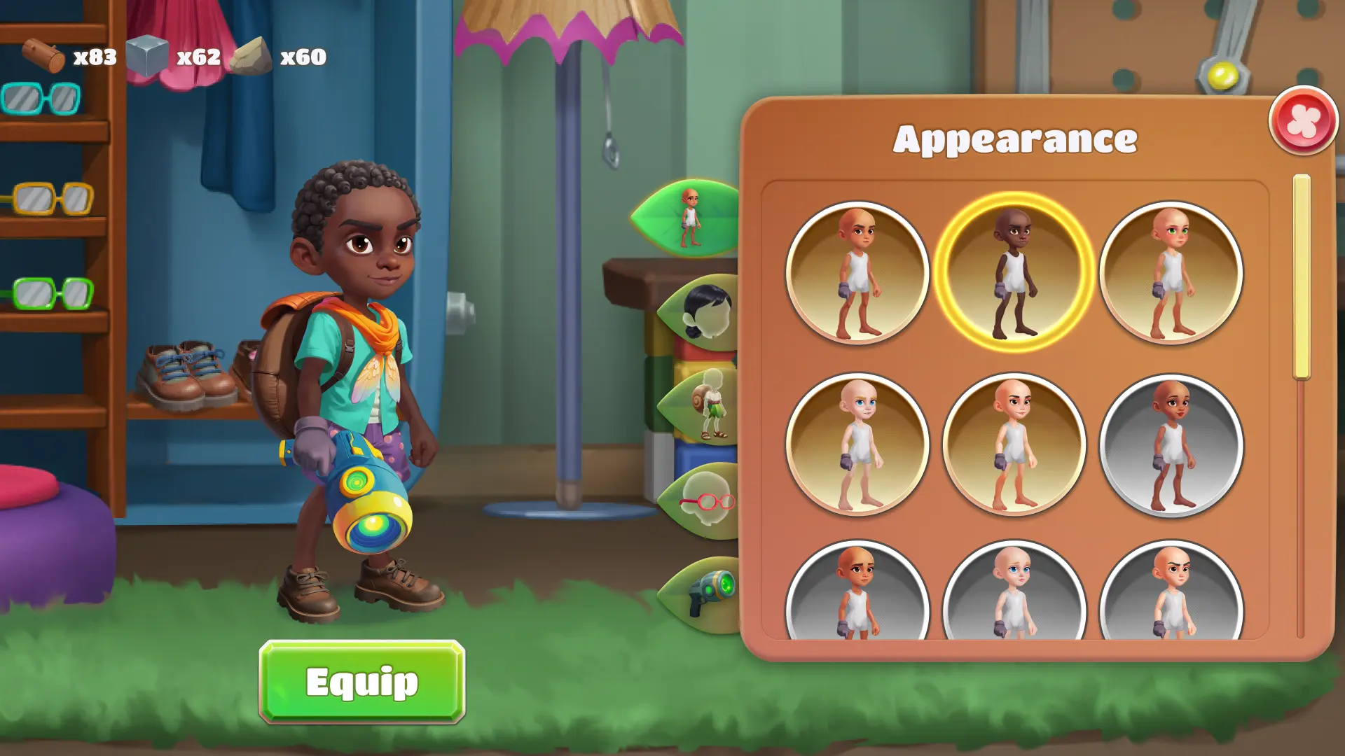 game character appearance customization UI screen