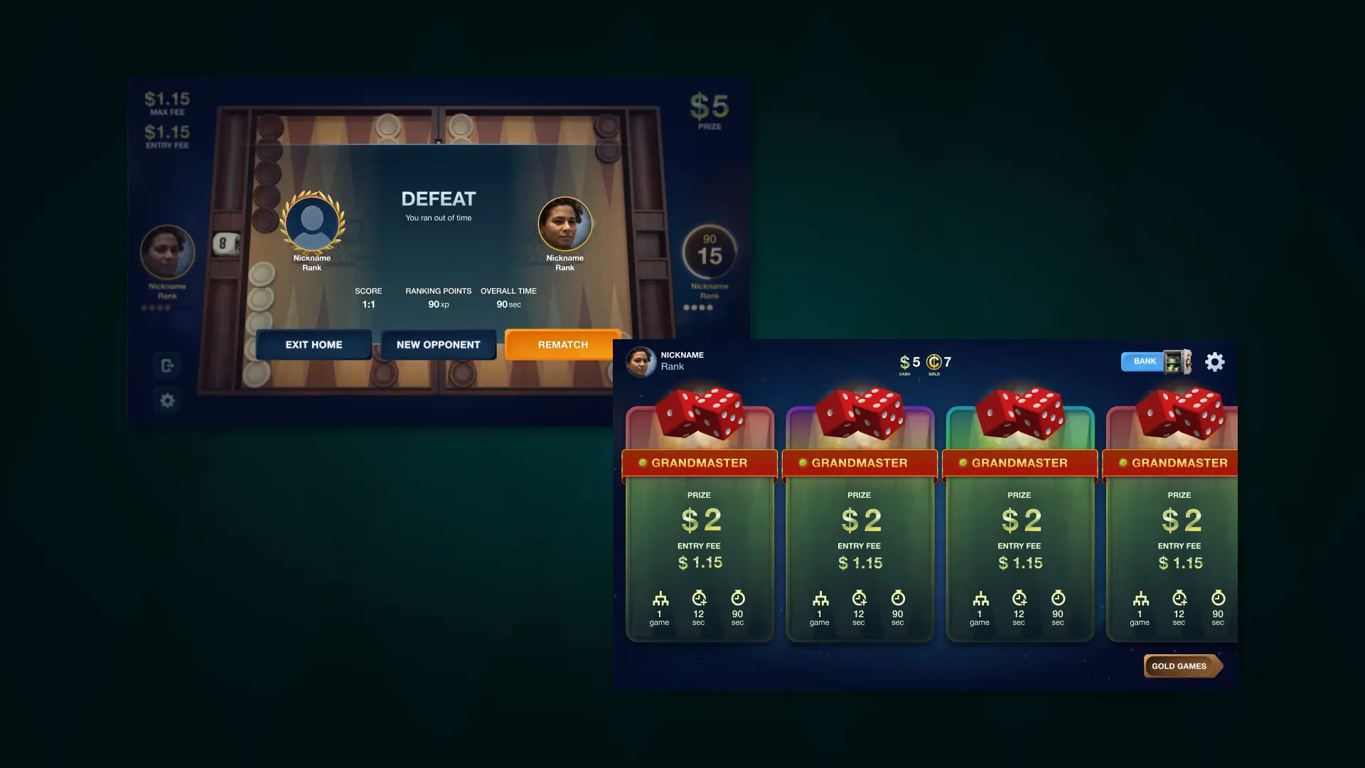 backgammon cash defeat screen results and game modes