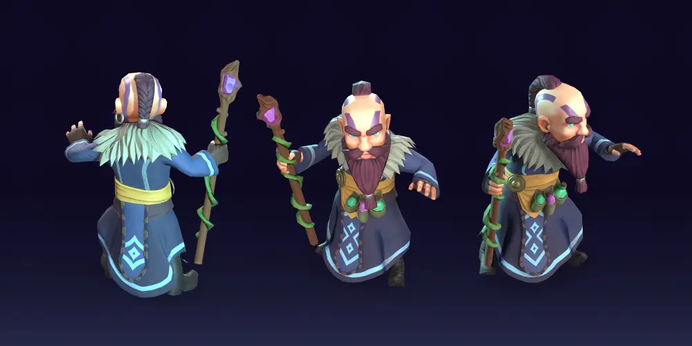 low poly 3D character wizard model multiple views