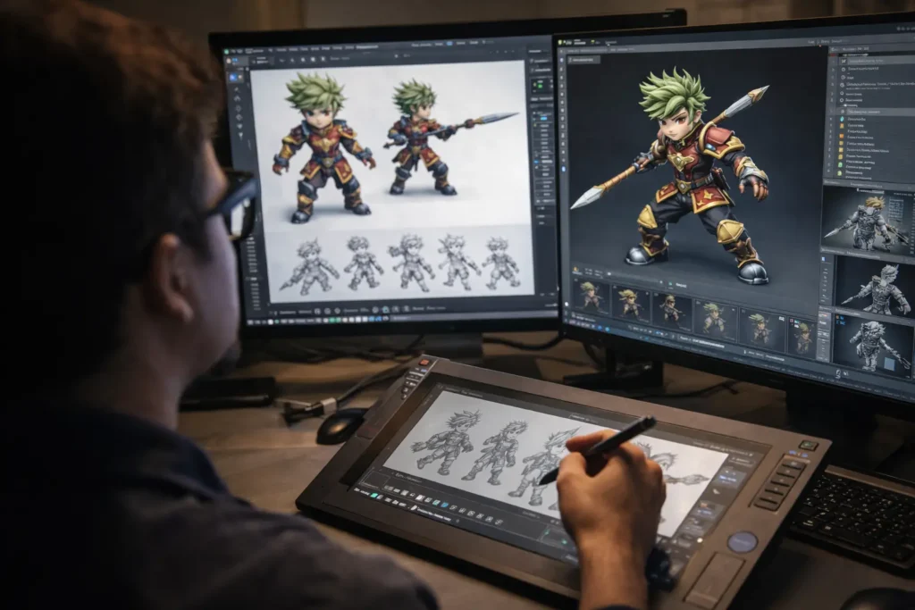 Game artist creating 3D character model for game