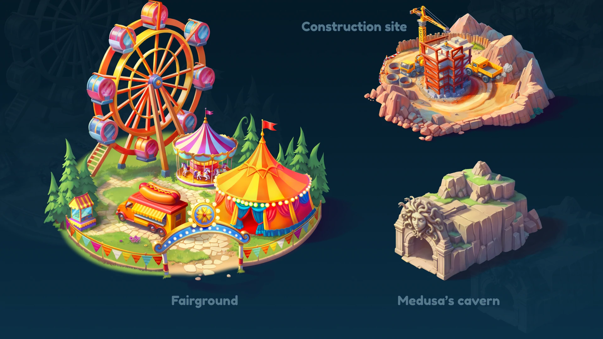 Colorful island cluster with stylized buildings and environment assets