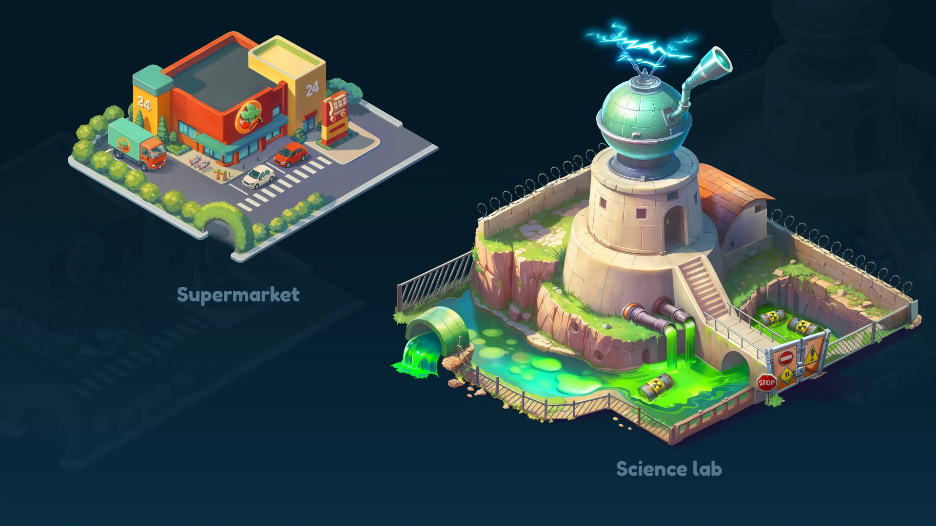 Stylized mobile game island with bright colors and structures