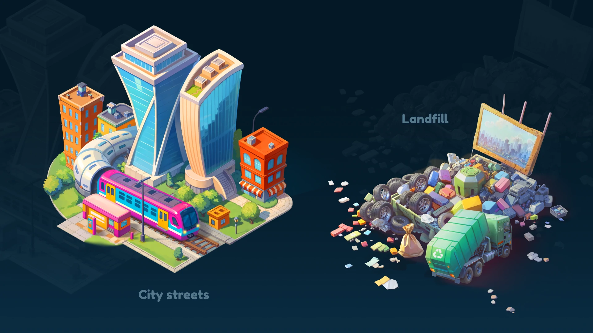 Stylized 3D environment assets with buildings and terrain for game