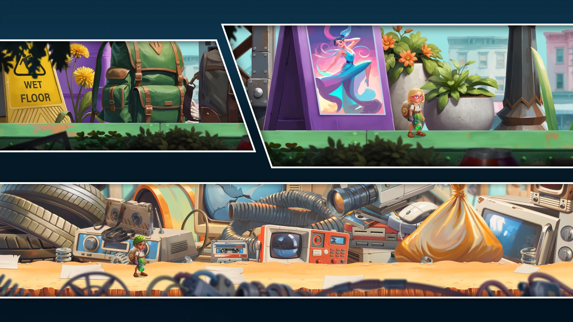 game interface with multiple environment previews and navigation screens