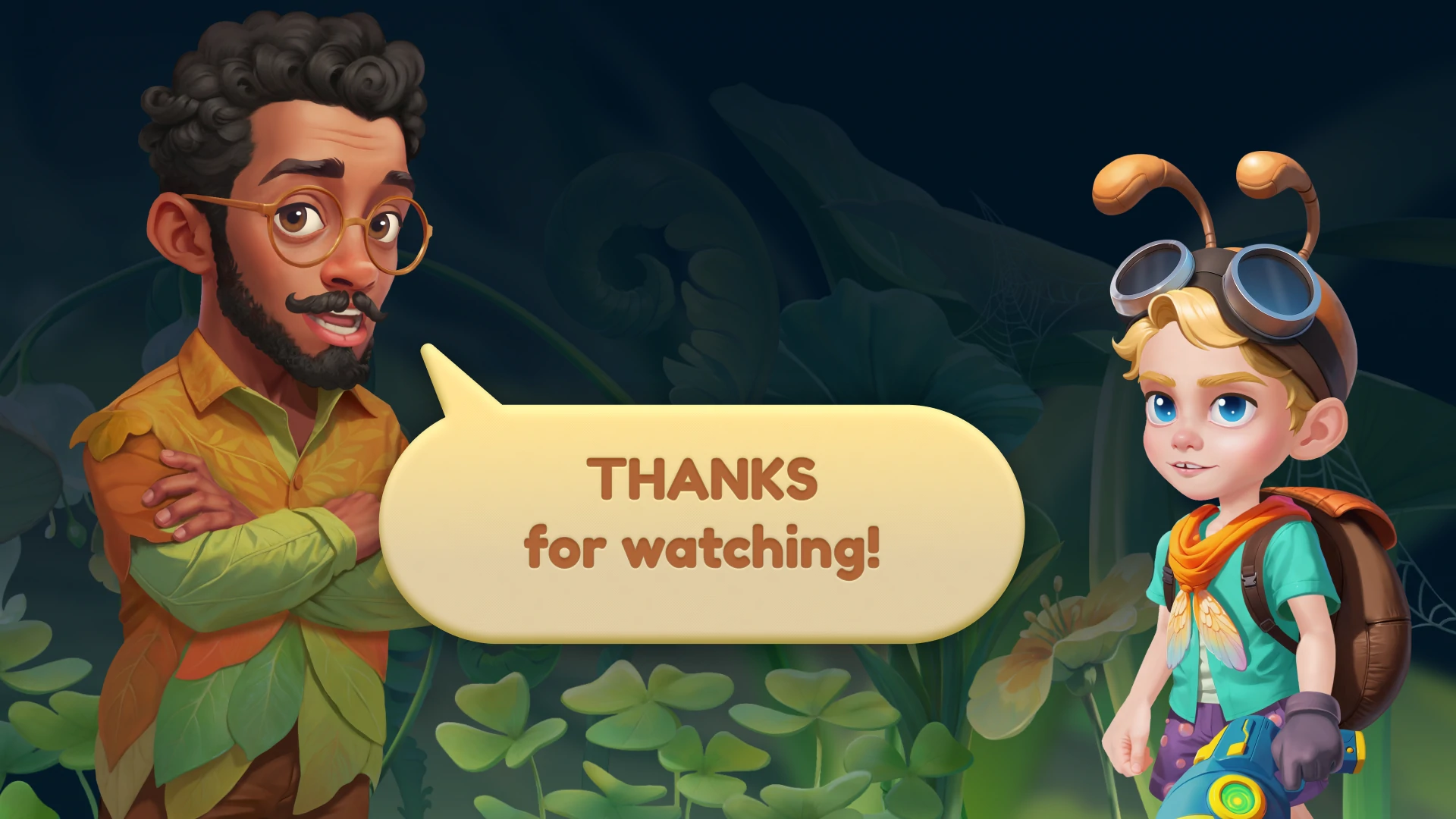 dialogue scene with characters inside a stylized game environment