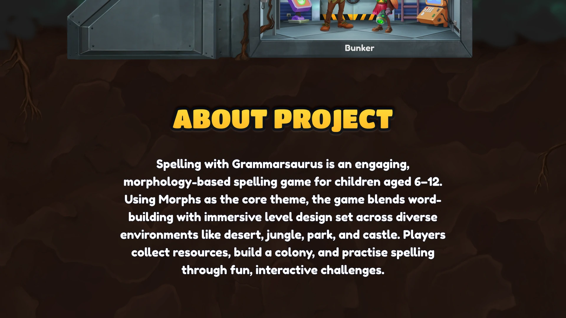 Spelling Game The Colony about screen with game concept and interface