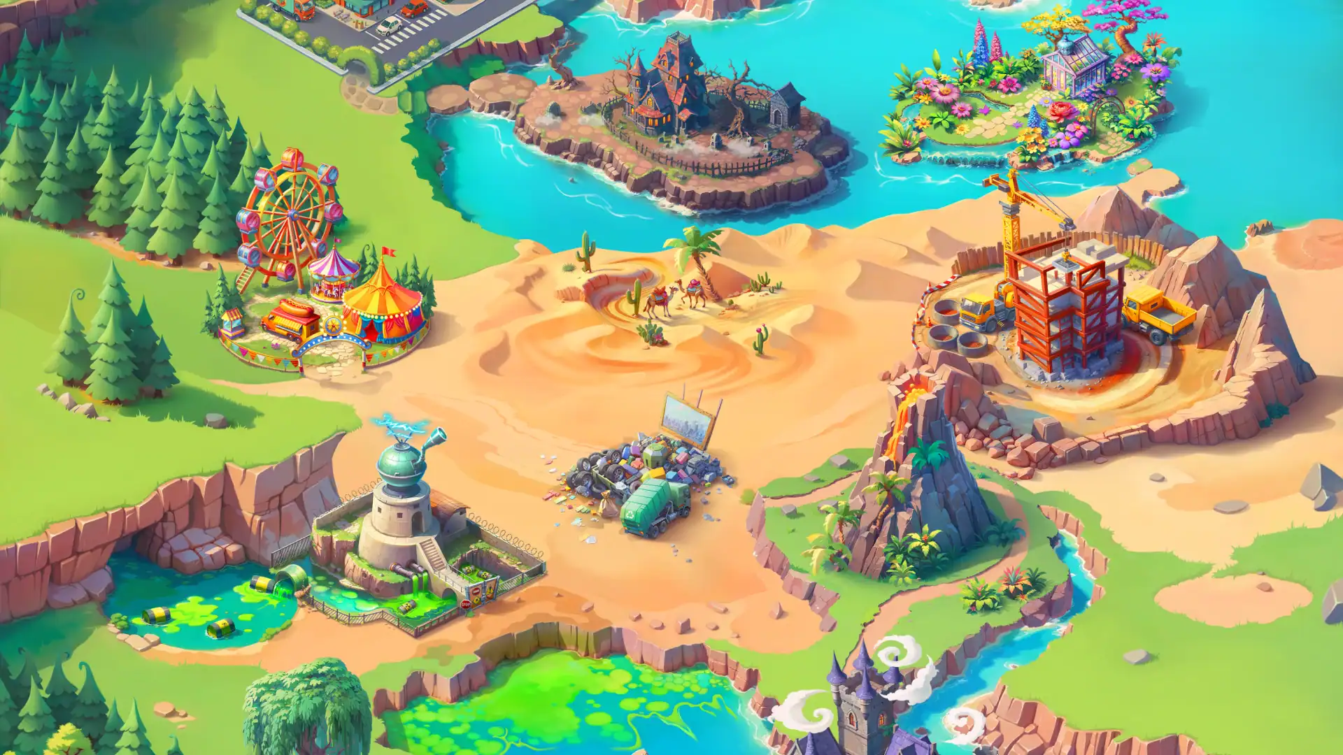 Colorful spelling game environment with stylized terrain and buildings