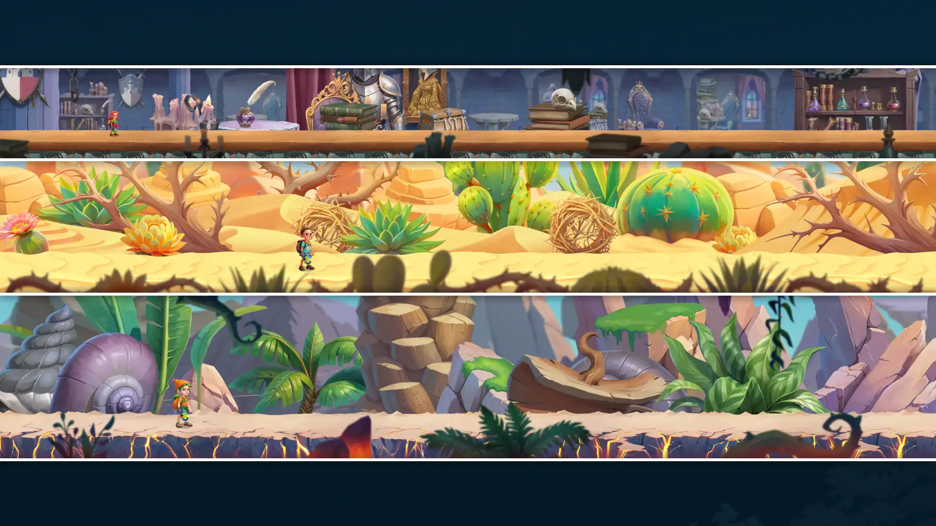 side-scrolling spelling game level with detailed environment layout