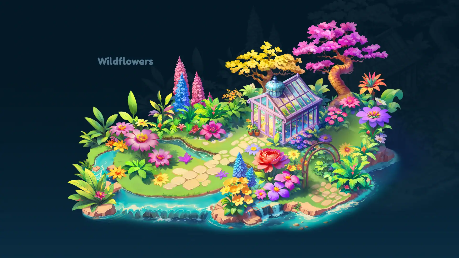 Сolorful fantasy environment with vegetation and stylized game assets