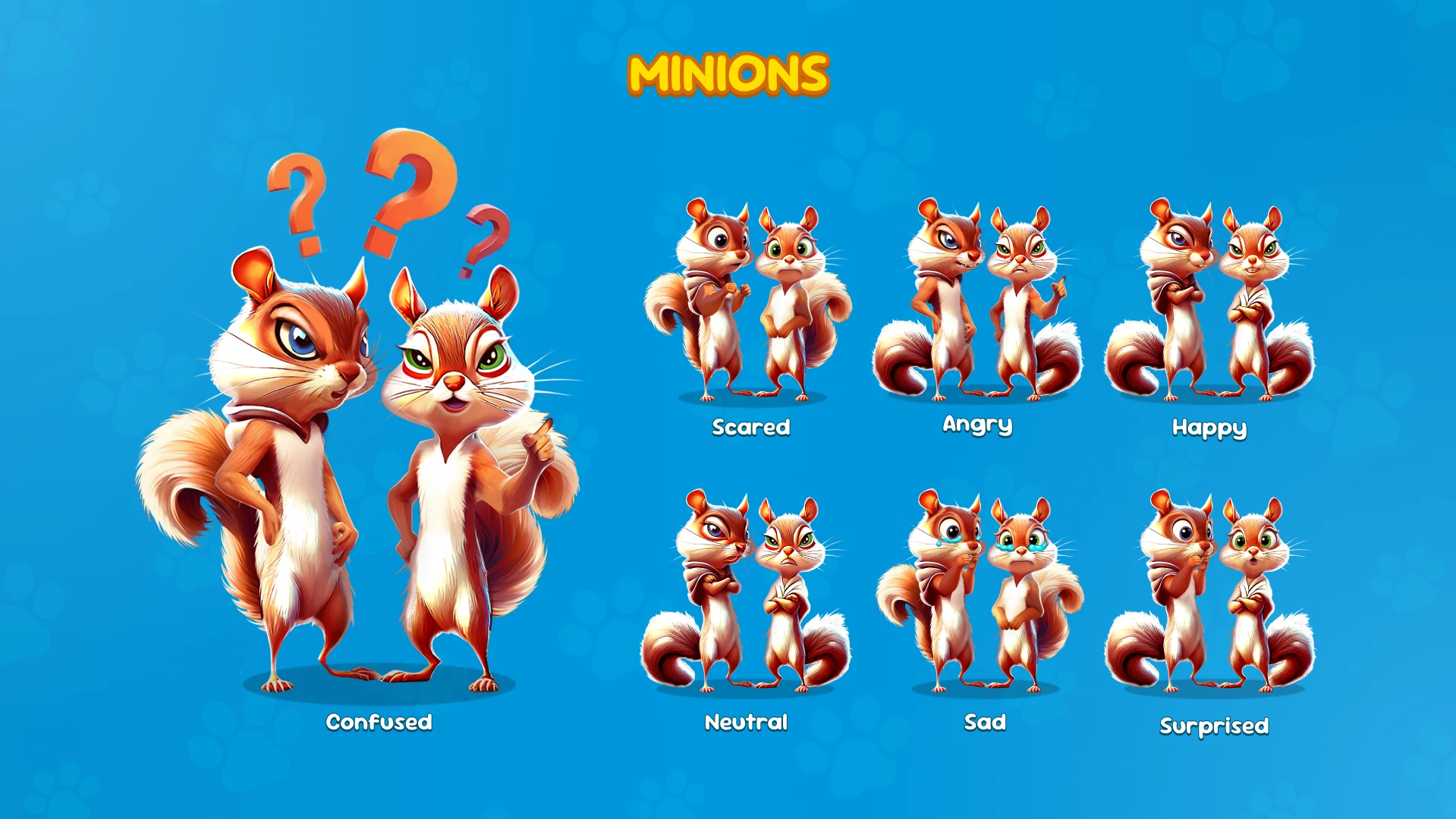 Cartoon squirrel minion characters showing different emotions in a game design sheet
