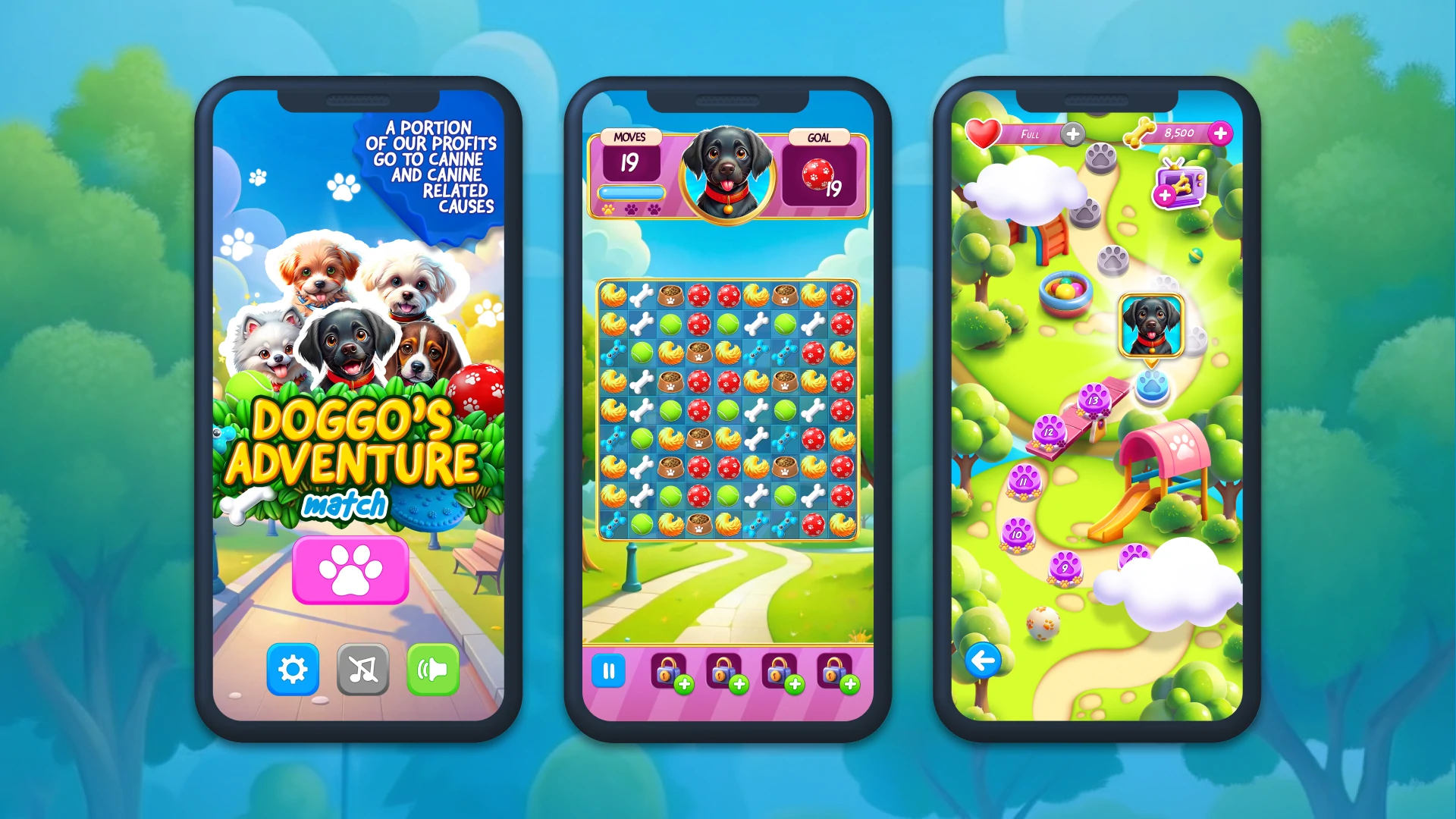 Doggo’s Adventure Match mobile gameplay UI with match-3 puzzle
