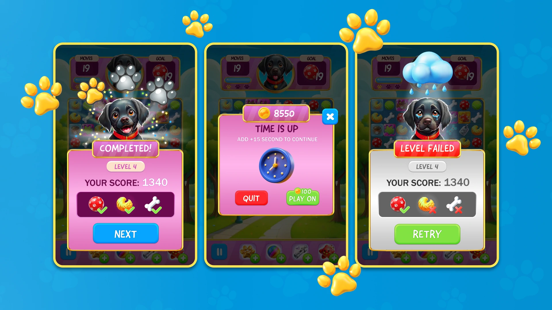Doggo’s Adventure Match user interface with buttons and game controls