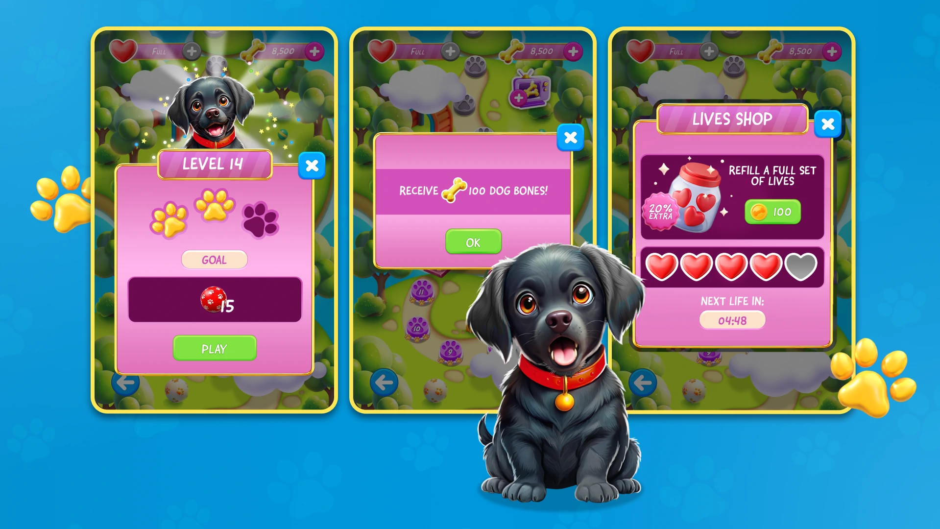 Multiple dog characters used in Doggo’s Adventure Match game