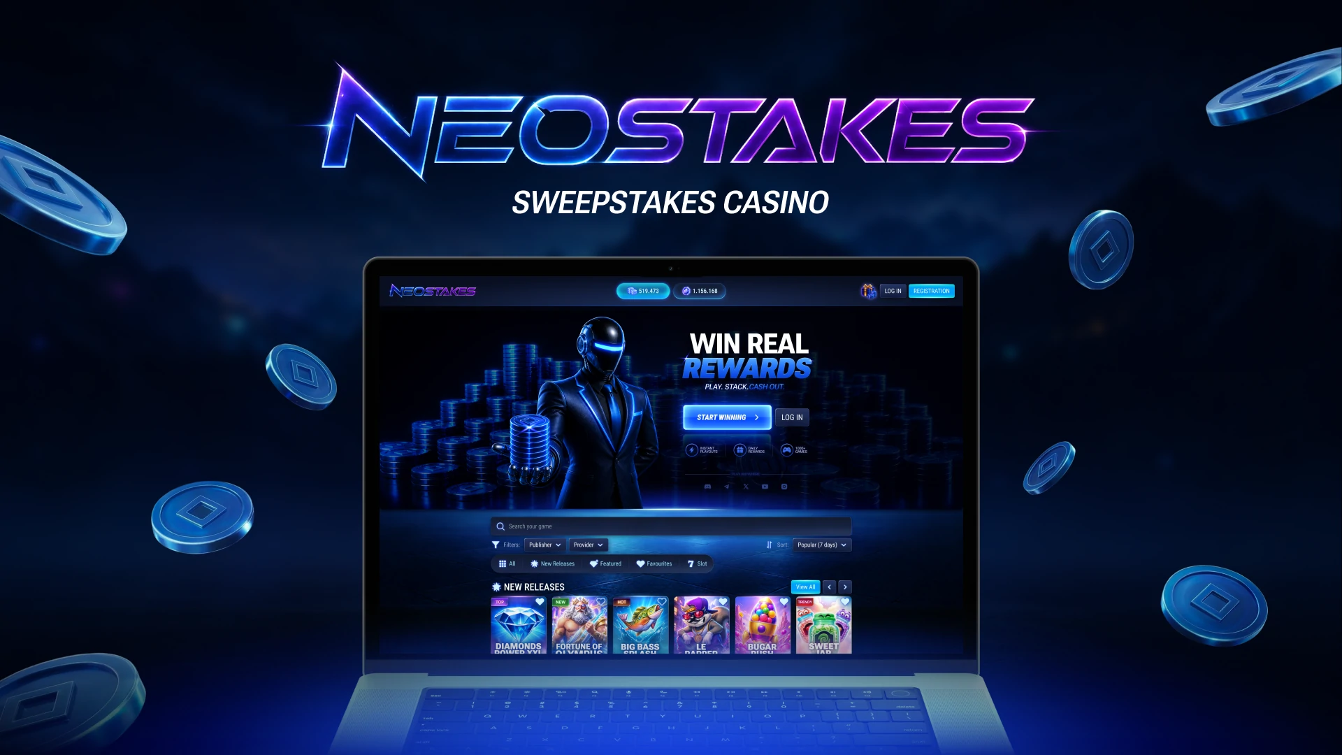 NeoStakes sweepstakes casino platform interface showcasing gameplay and user experience