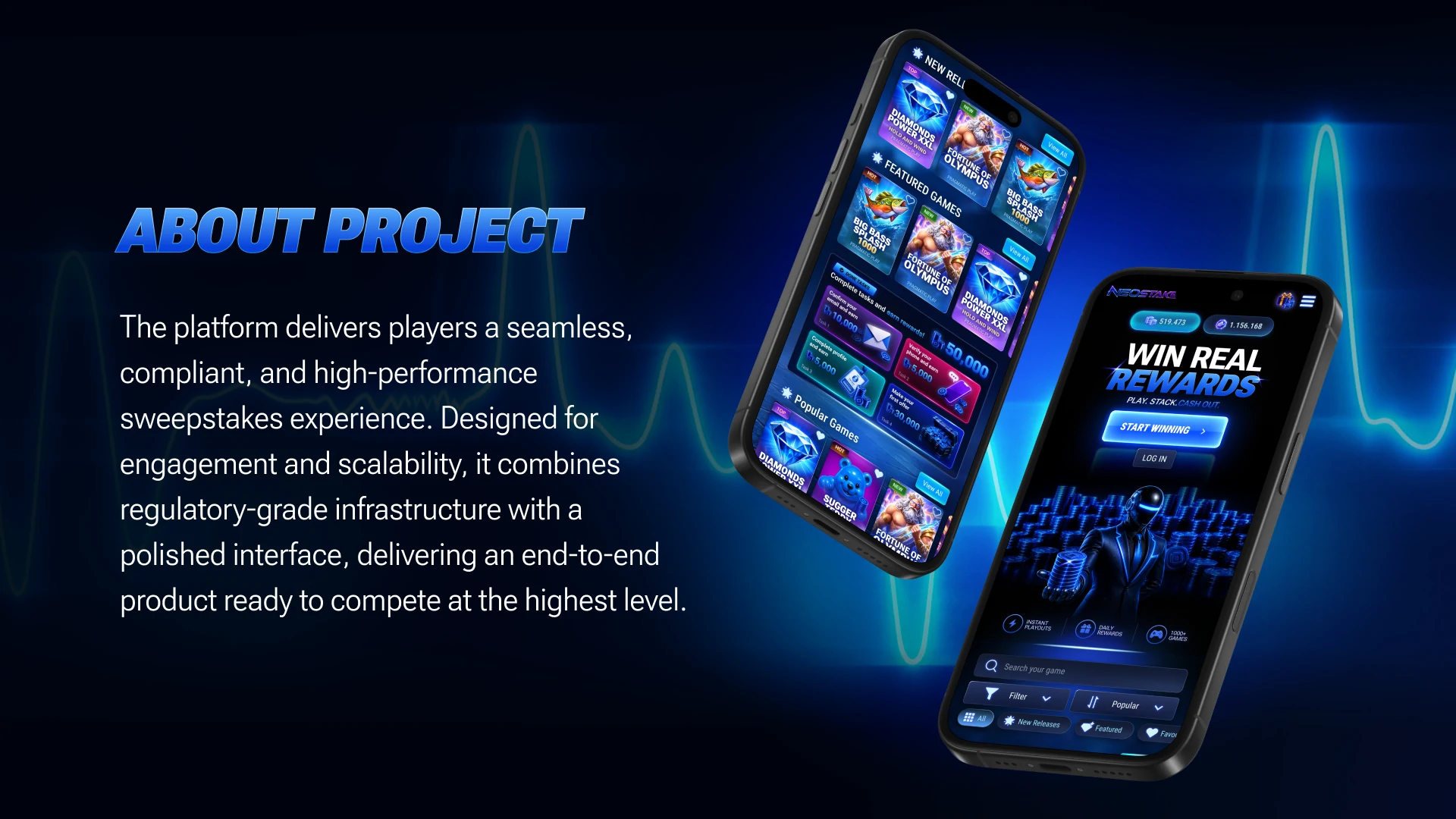 NeoStakes sweepstakes casino dashboard with modern interface and player features