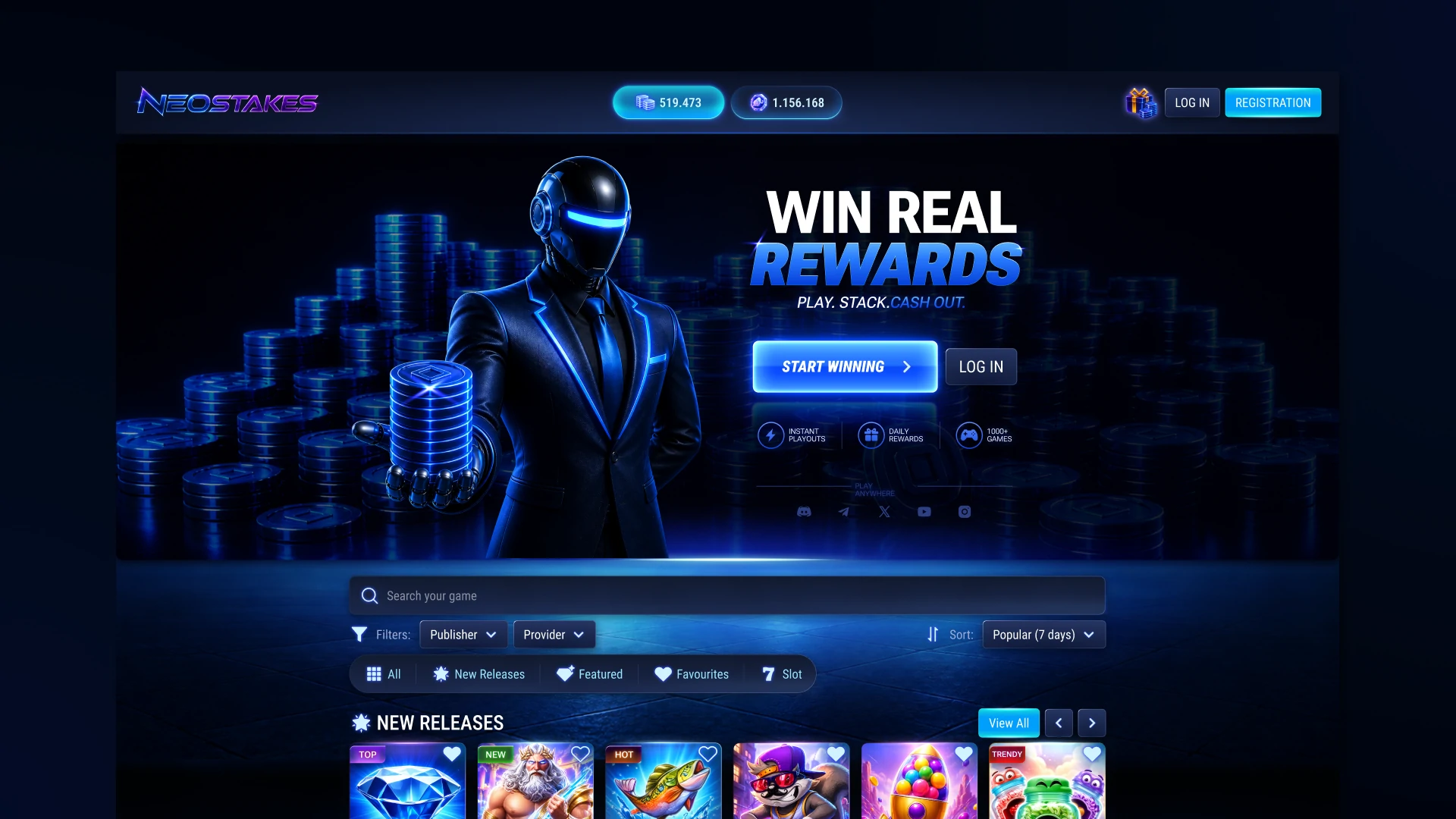 NeoStakes sweepstakes casino homepage with rewards banner and game library