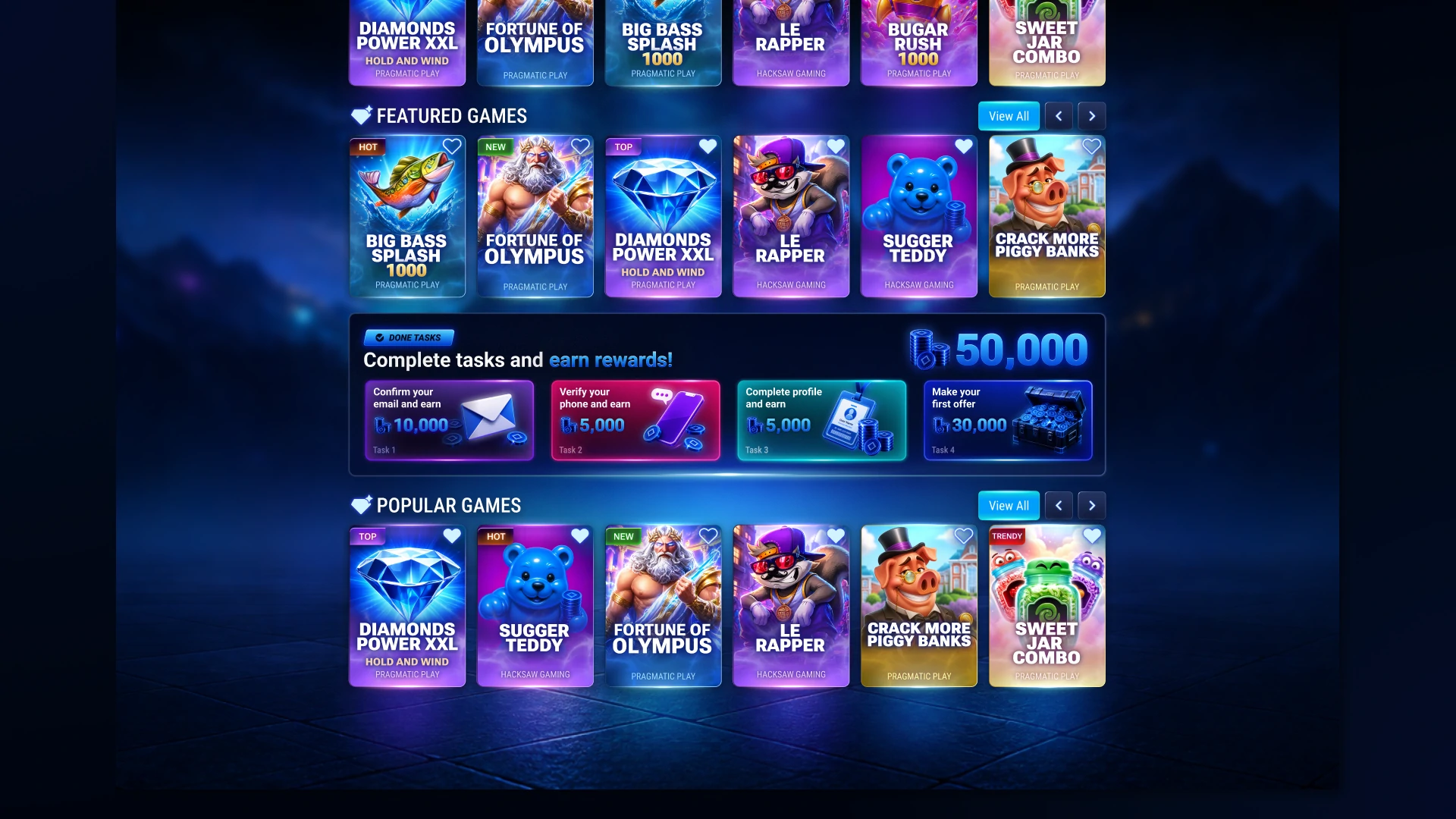 NeoStakes game library featuring popular casino games and player rewards system