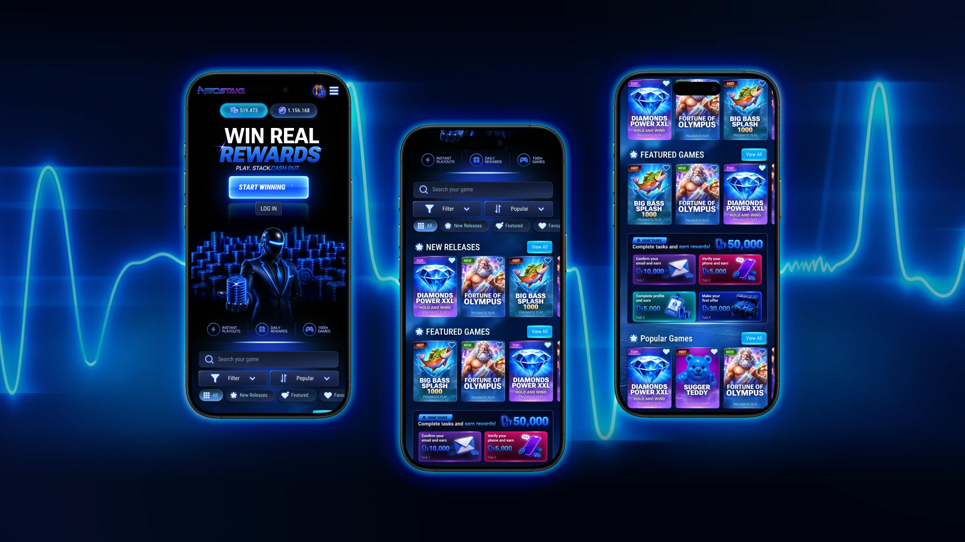 NeoStakes mobile sweepstakes casino platform displayed across multiple smartphone screens