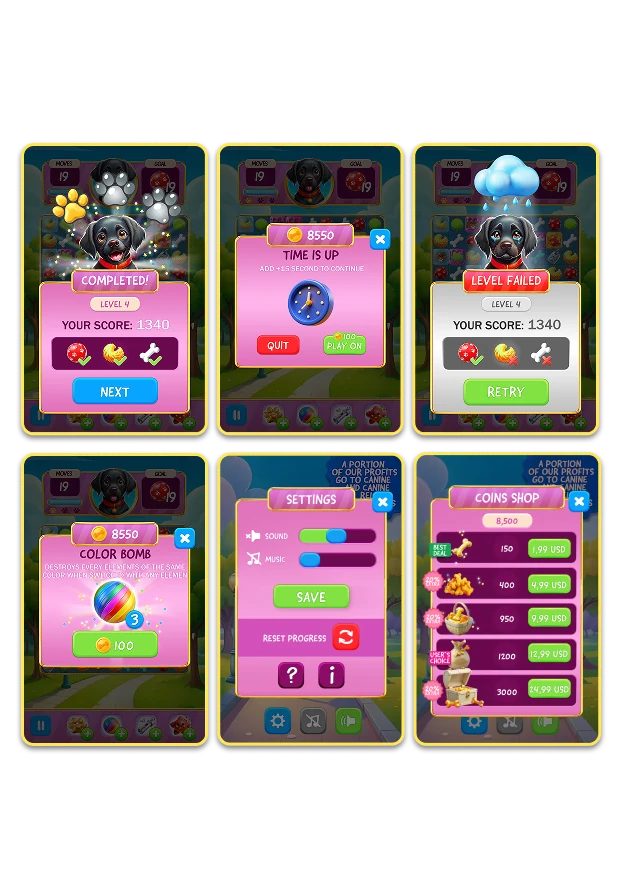 Doggo’s Adventure Match UI and gameplay screens