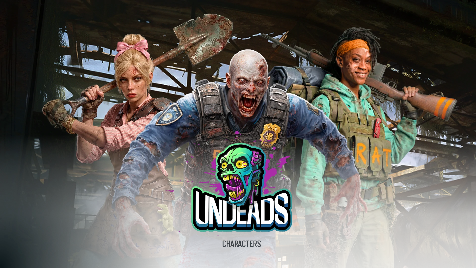 Key artwork for the Undeads: Characters project featuring human survivors and a zombie character created by Whimsy Games.