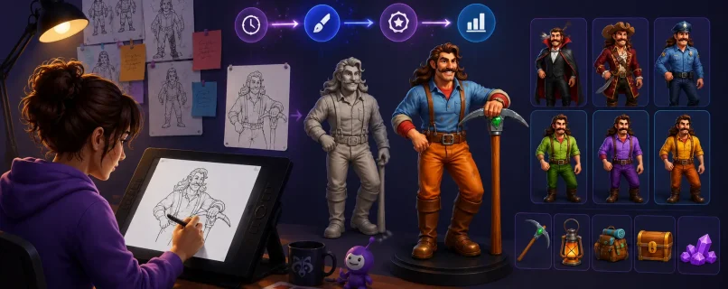 Game artist creating 3D character designs with AI-assisted game development workflow