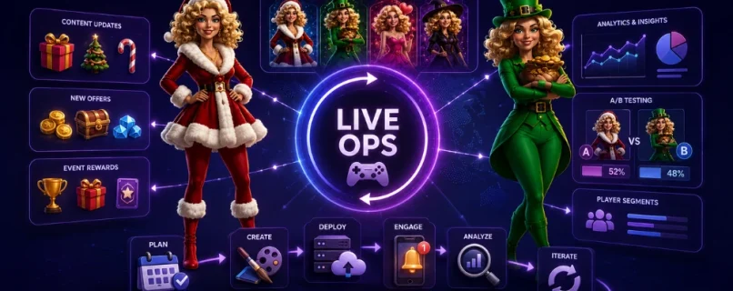 LiveOps outsourcing illustration with seasonal game updates and LiveOps workflow