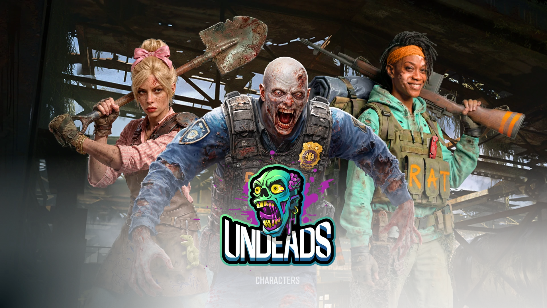 Key artwork for the Undeads: Characters project featuring human survivors and a zombie character created by Whimsy Games.
