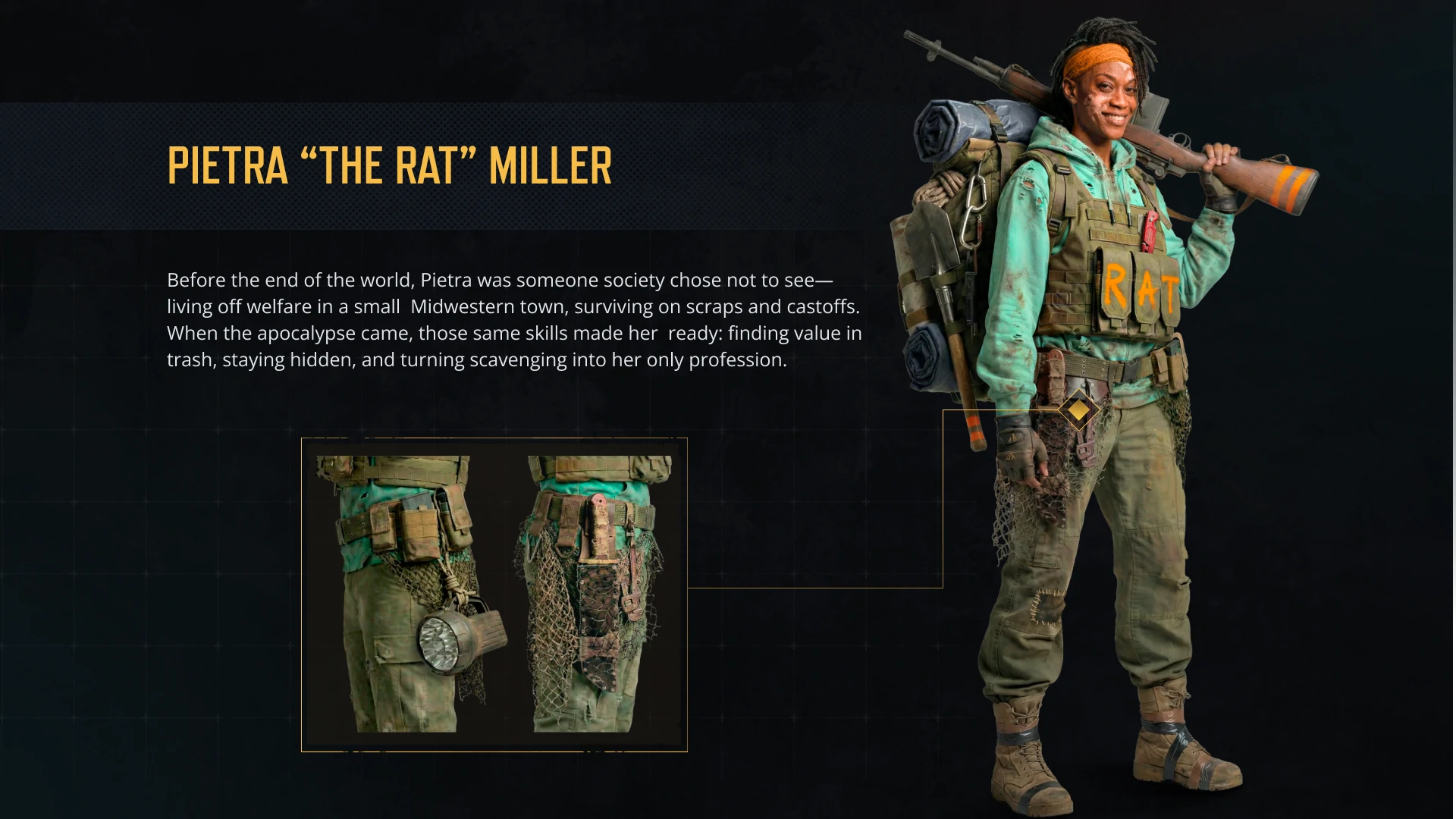 Character concept of Pietra "The Rat" Miller featuring her appearance, scavenger gear, and survival equipment for the Undeads project.