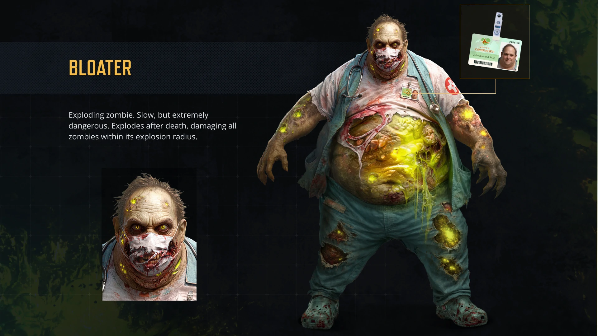 Character concept of the Bloater zombie showing its appearance and explosive infected body for the Undeads project.