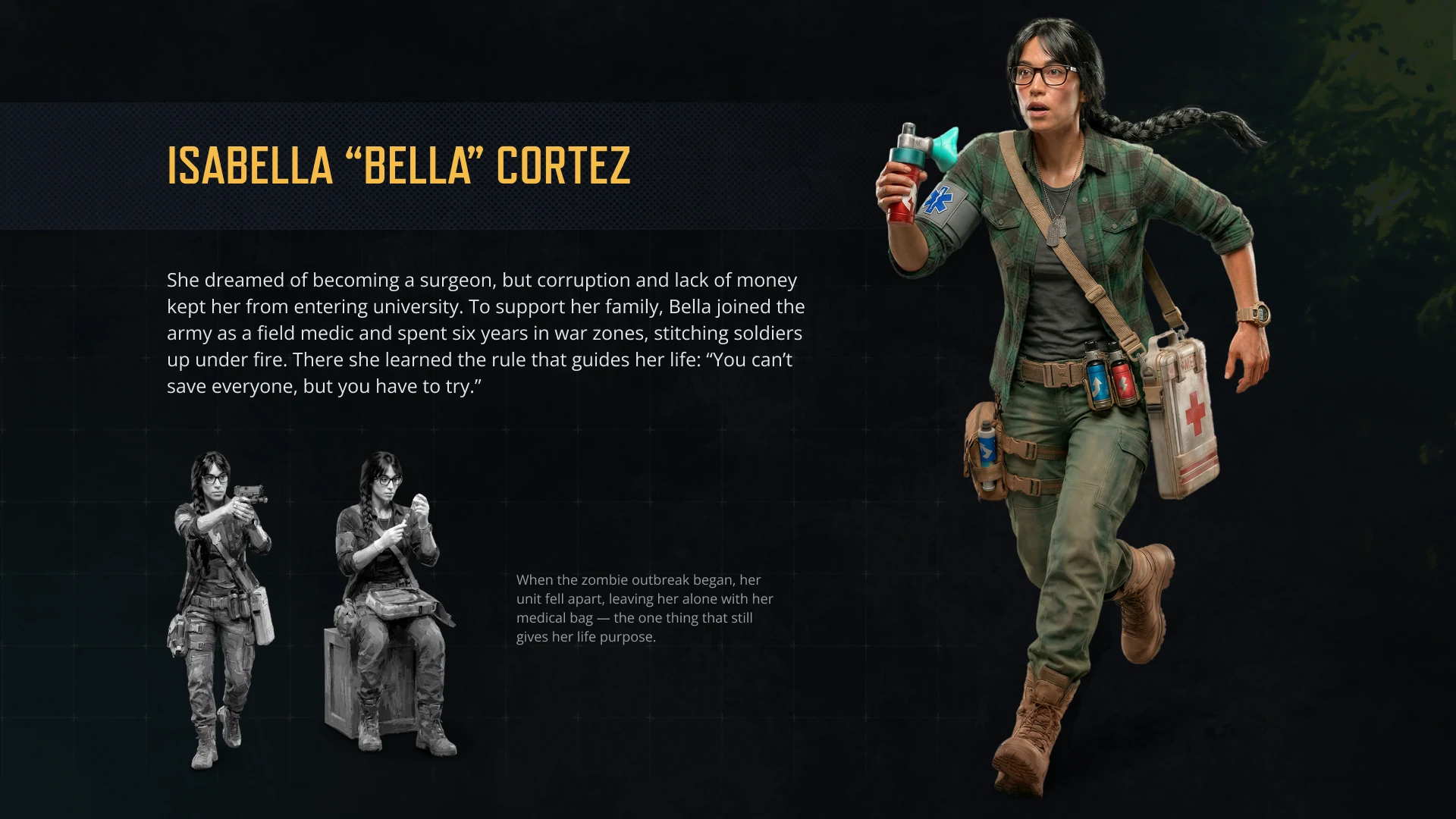 Character concept of Isabella "Bella" Cortez featuring her appearance, medical equipment, and survival gear for the Undeads project.