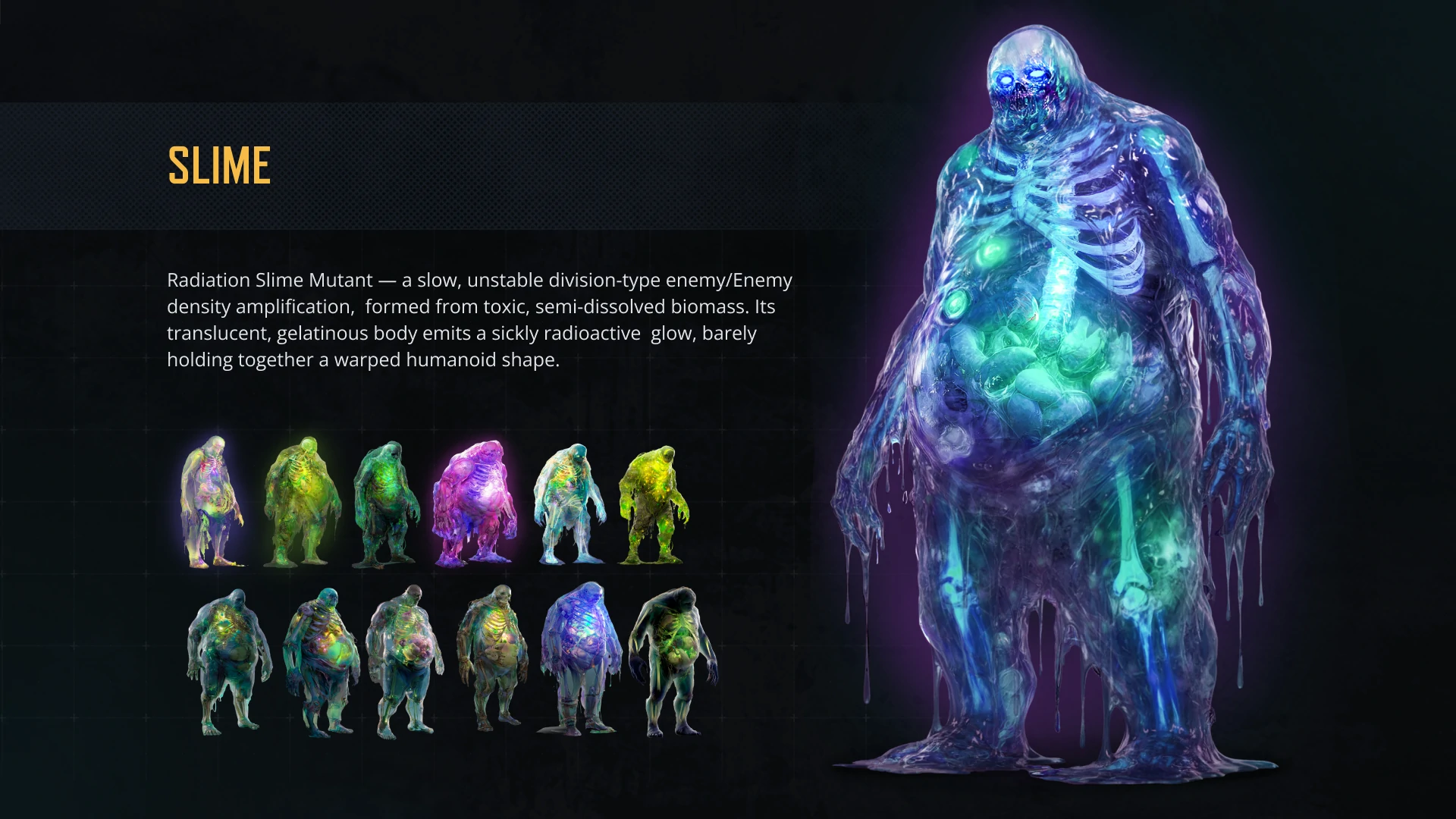 Character concept of the Slime mutant showing its appearance and color variations for the Undeads project.