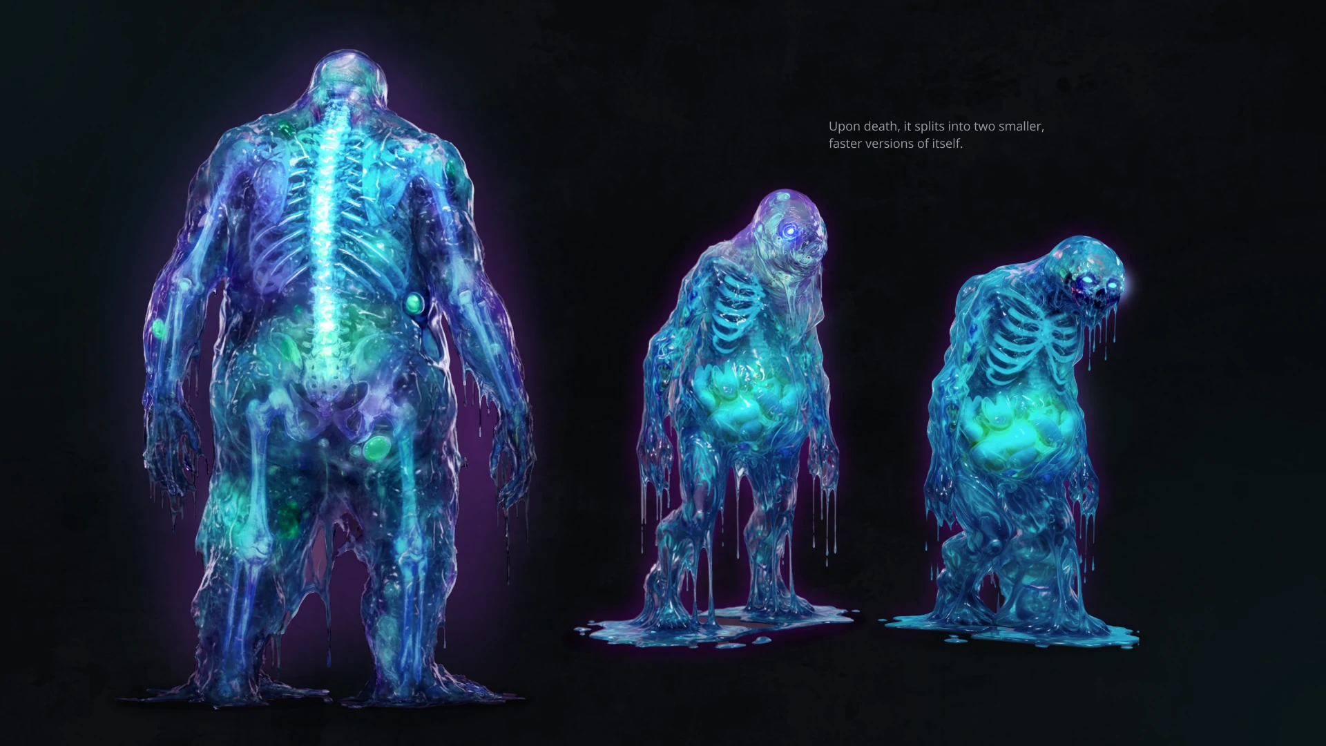Slime mutant behavior concept showing its split transformation after death for the Undeads project.
