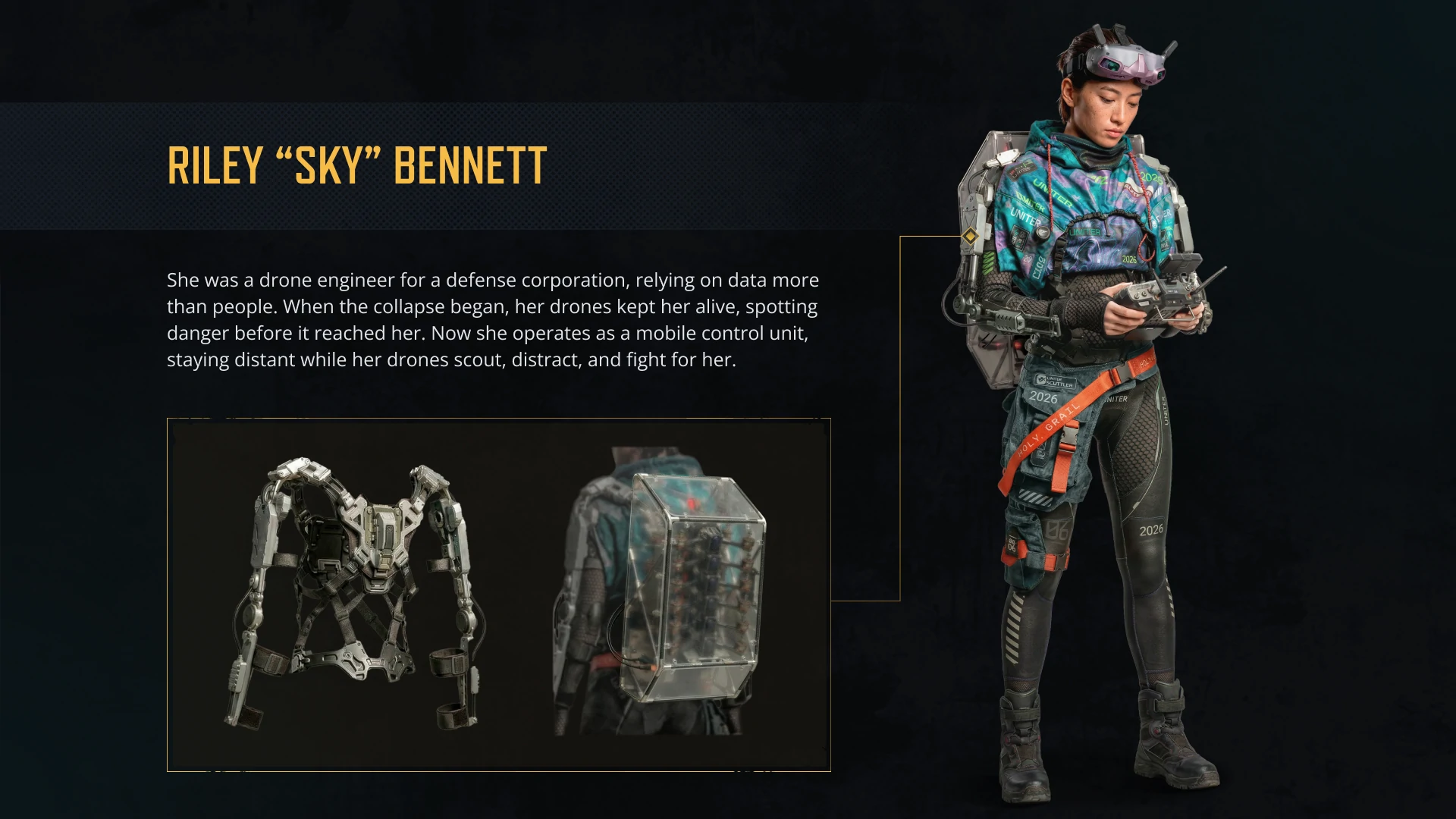Character concept of Riley "Sky" Bennett featuring her appearance, drone equipment, and survival gear for the Undeads project.