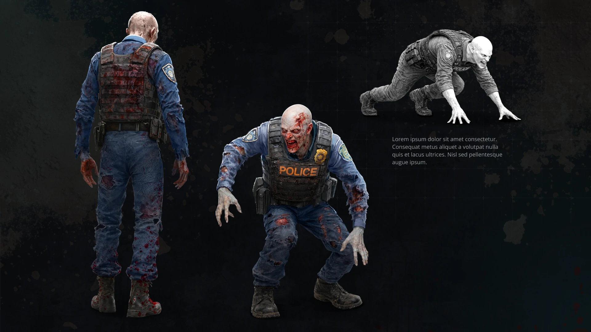 Character concept of a Police Zombie showing front, back, and gameplay pose for the Undeads project.