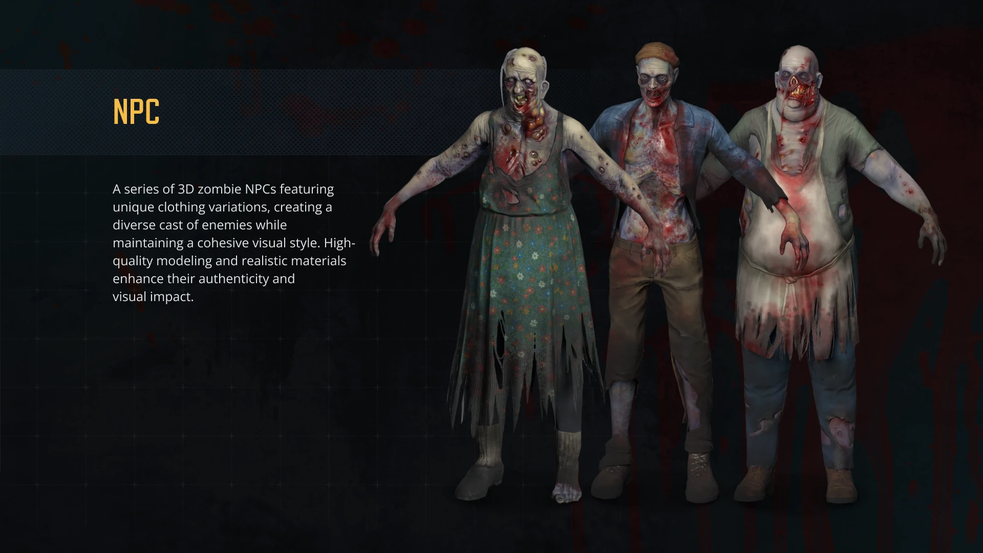 Collection of 3D zombie NPC characters created for the Undeads project, showcasing multiple enemy types and visual variations.