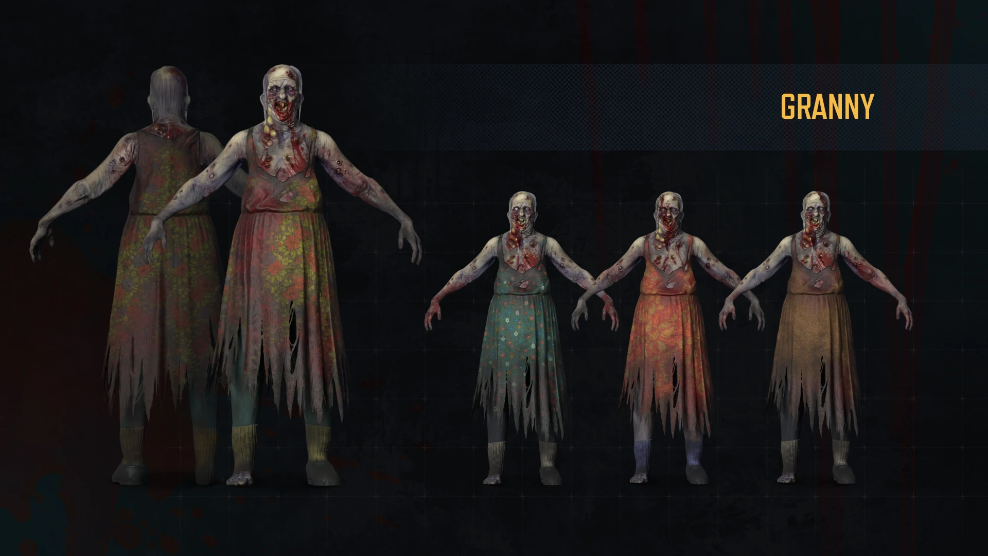 Character sheet of the Granny enemy showing front, back, and color variations created for the Undeads project.