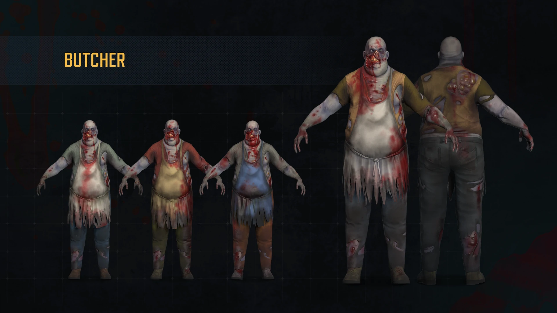 Character sheet of the Butcher enemy showing front, back, and outfit variations created for the Undeads project.
