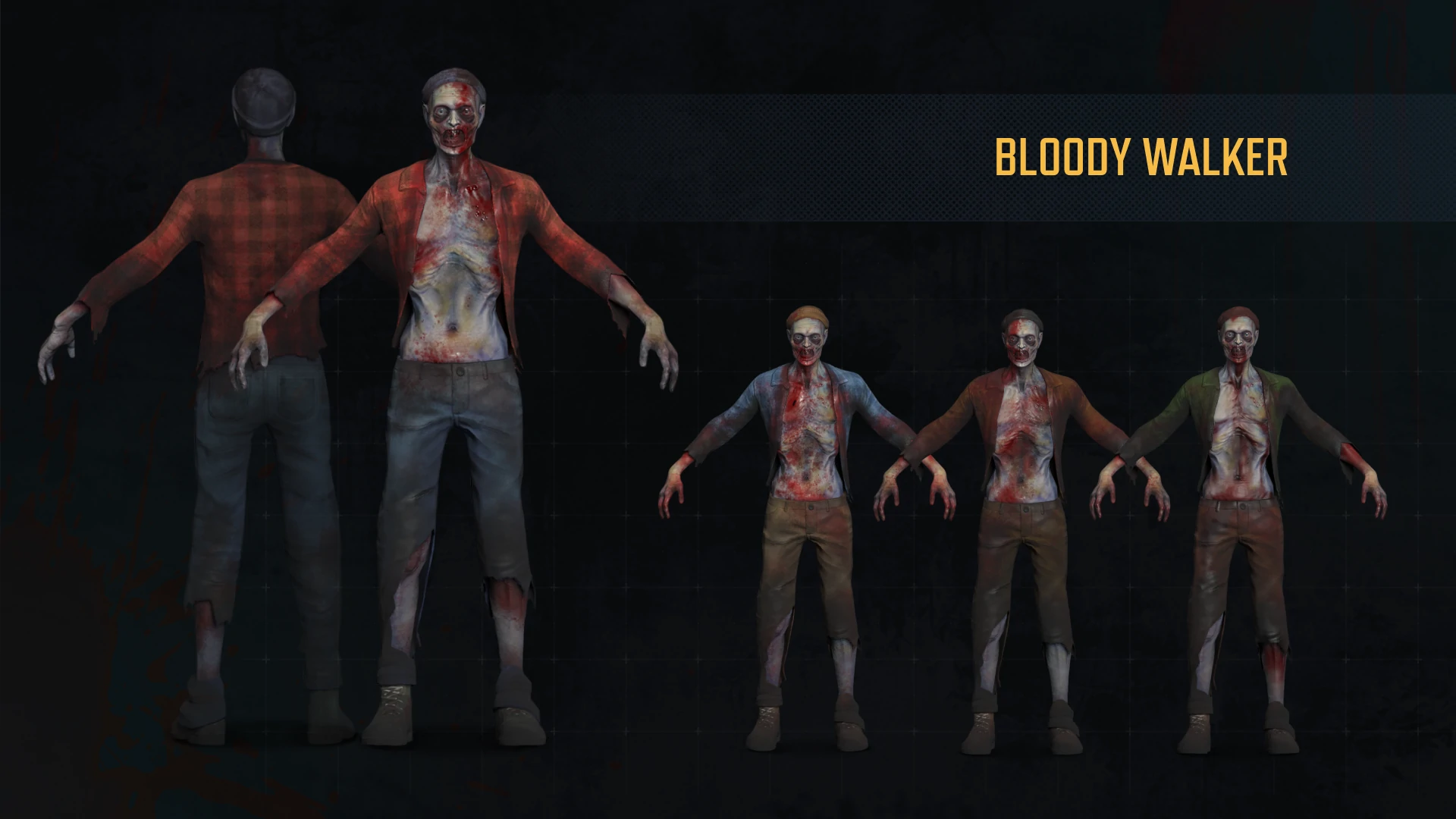 Character sheet of the Bloody Walker zombie showing front, back, and color variations created for the Undeads project.