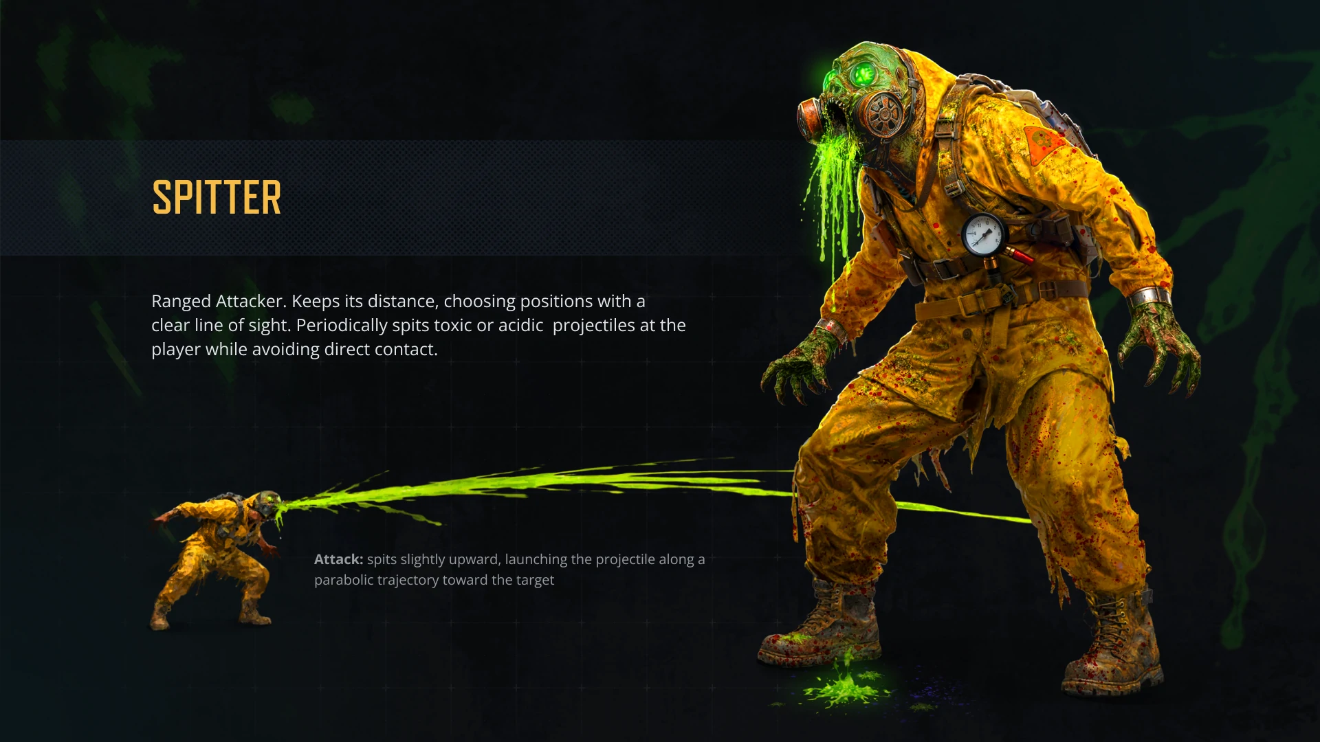 Character concept of the Spitter enemy showing its appearance and ranged acid attack for the Undeads project.