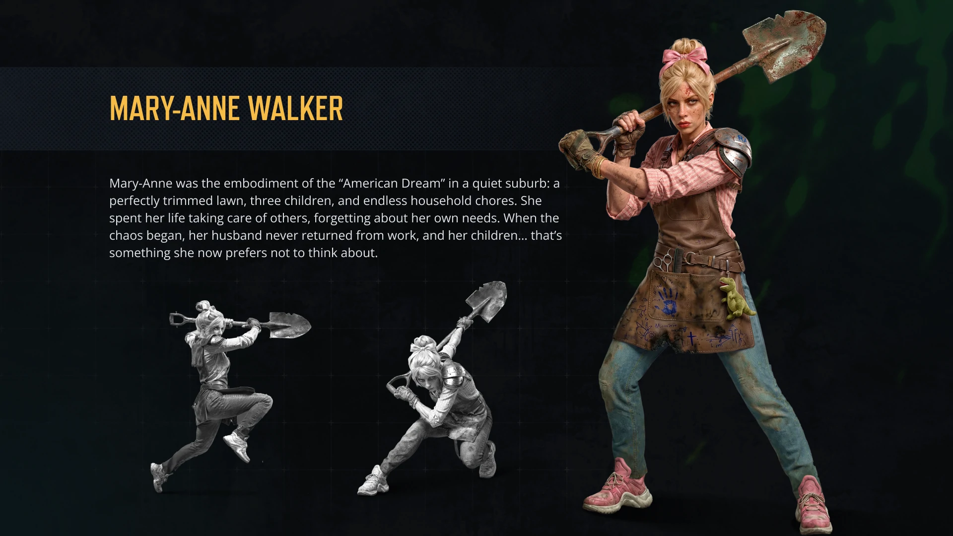 Character concept of Mary-Anne Walker featuring her appearance, combat poses, and shovel weapon for the Undeads project.