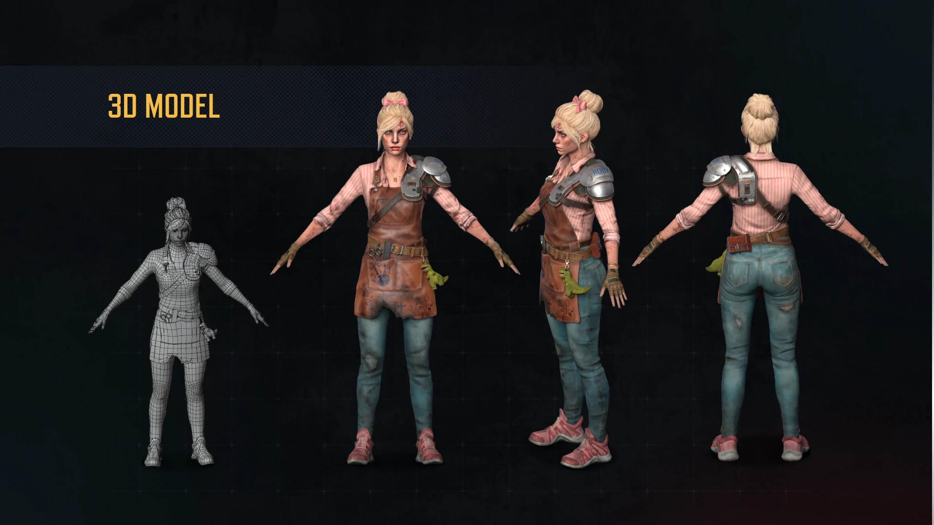 3D model of Mary-Anne Walker showing wireframe, front, side, and back views for the Undeads project.