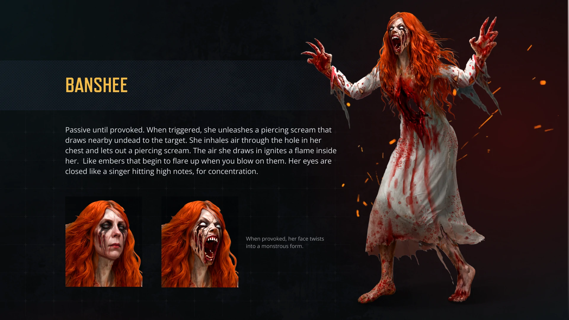 Character concept of the Banshee enemy showing her appearance and scream transformation for the Undeads project.