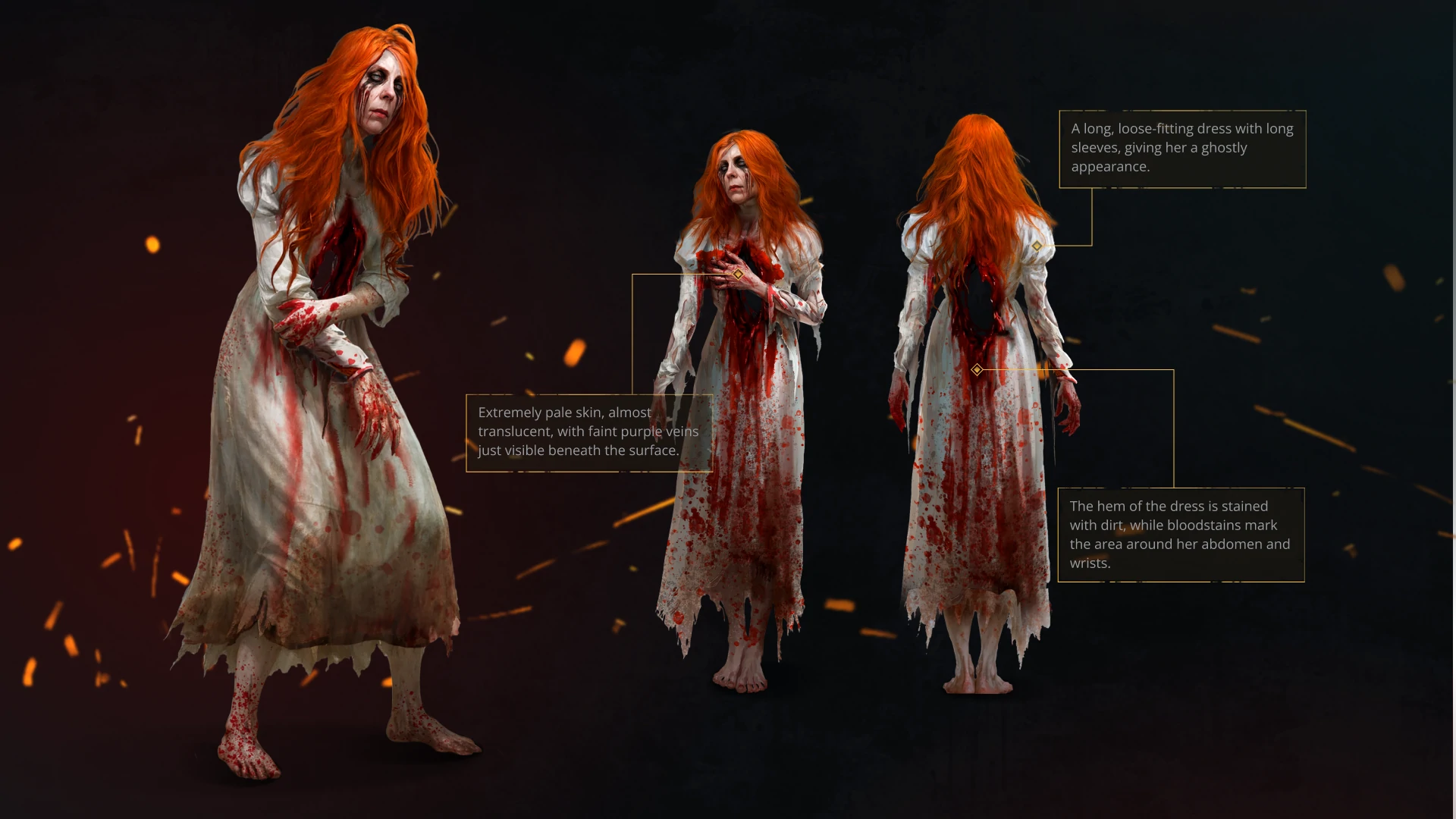 Character design sheet of the Banshee enemy showing front and back views with annotated visual details for the Undeads project.